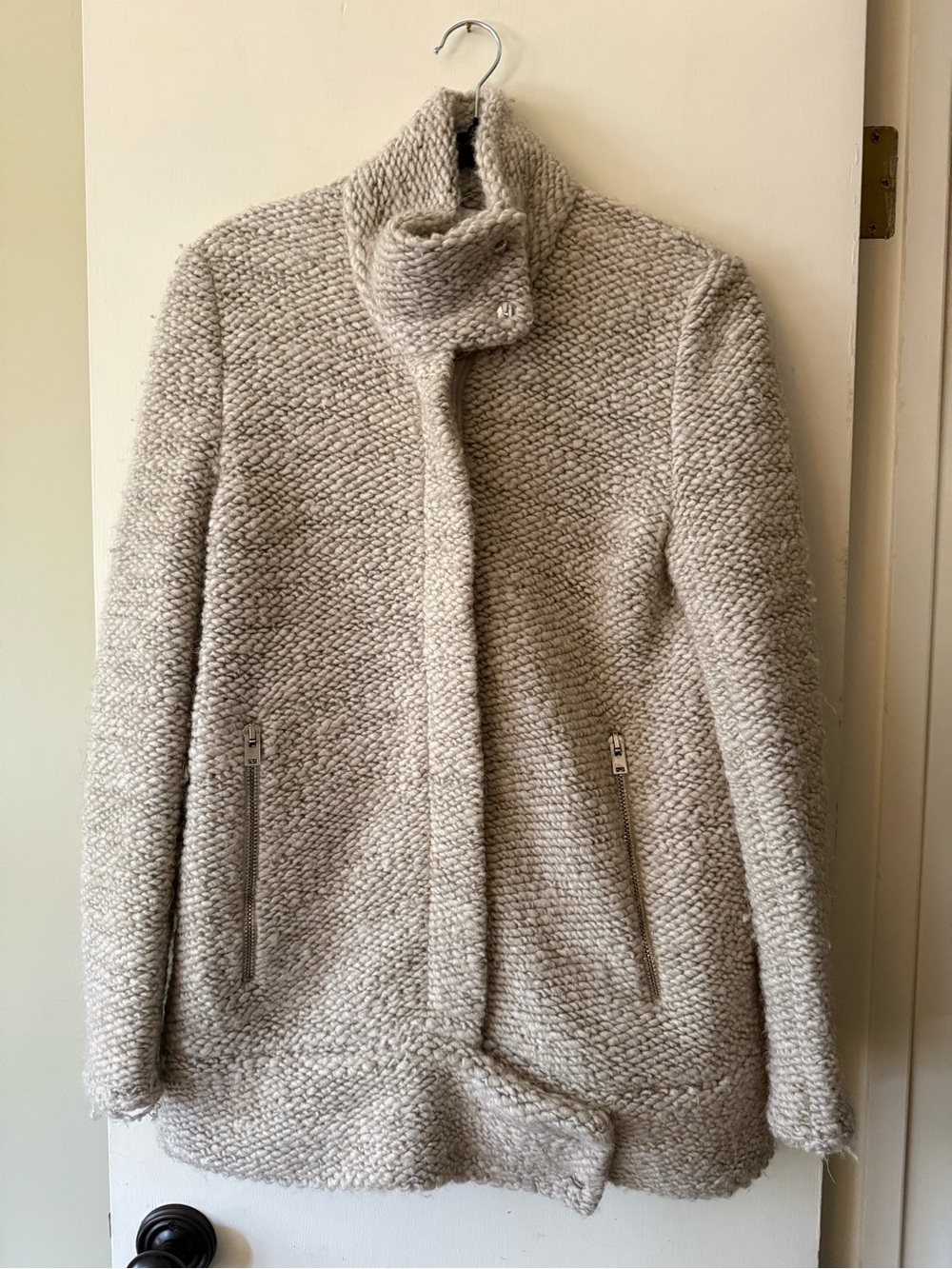 IRO Ajumaspe Heavy Knit Jacket Womens Size 42 Beige Wool Blend Stand Collar
